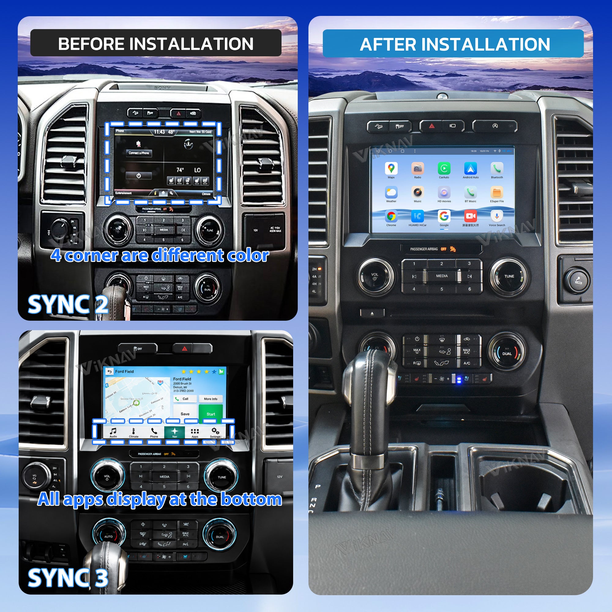 VIKNAV Android Carplay Decoder Box For Ford F150 F250 F350 F450 Raptor SYNC2 SYNC3 GPS Navigation Multimedia player Auto Stereo Only Support OEM 8 Inch Screen