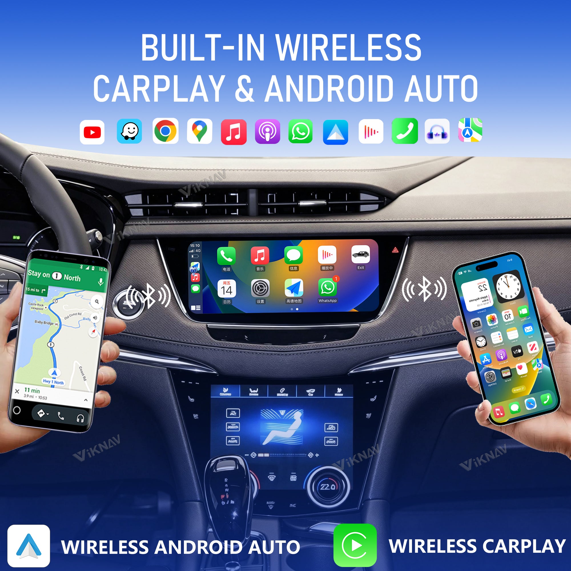 VIKNAV 10.25 Inch Android Car Radio for Cadillac XT5 XT6 2016 2017 2018 2019 2020 2021 2022 2023 Auto Stereo Screen Upgrade Wireless Carplay GPS Navigation Multimedia Player With AC Panel