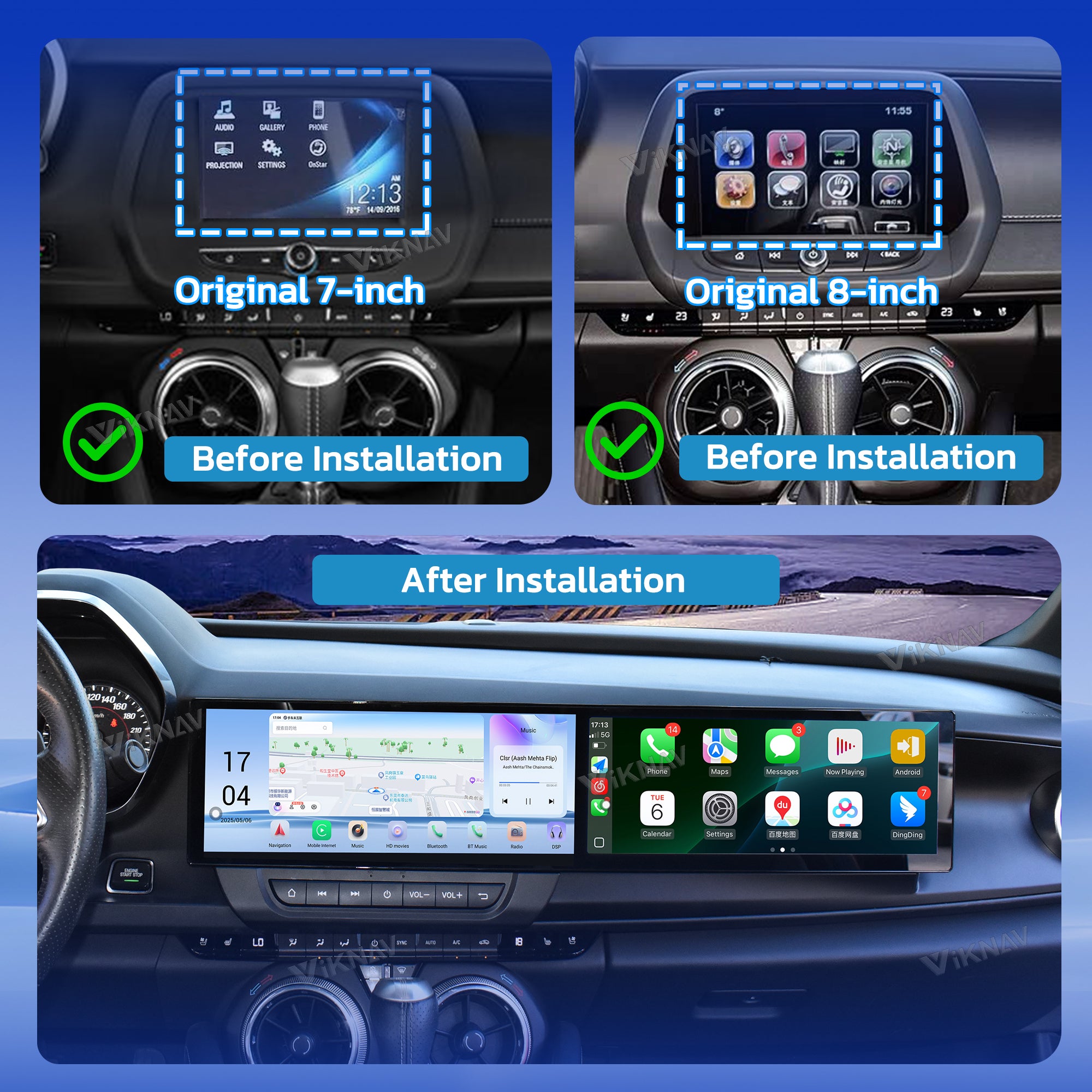 VIKNAV Dual 12.3 Inch Android Car Radio for Chevrolet Camaro 2016 2017 2018 2019 Auto Stereo Screen Upgrade Wireless Carplay GPS Navigation Multimedia Player Head Unit