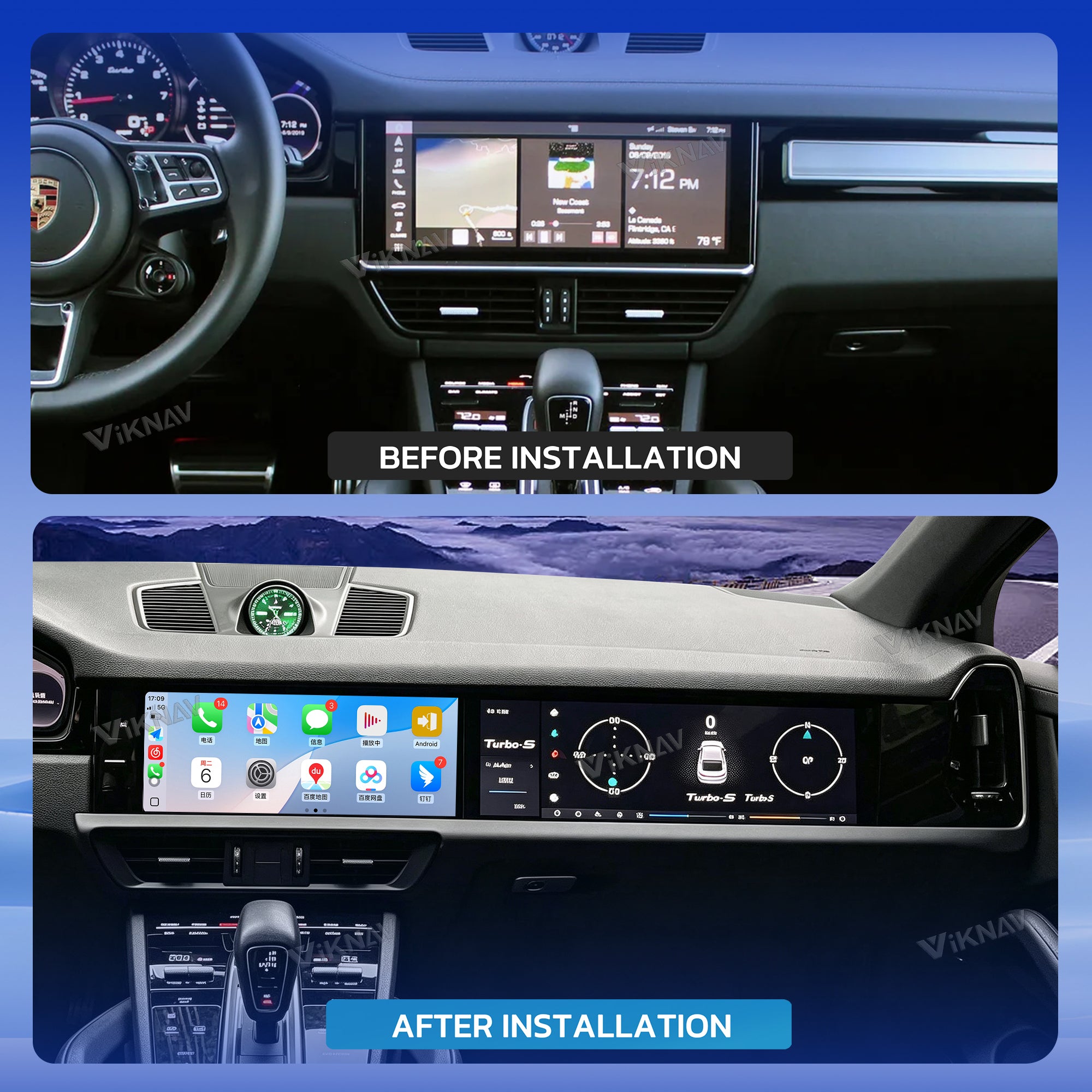 VIKNAV Dual 12.3 Inch Android Car Radio for Porsche Cayenne 2018 2019 2020 2021 2022 2023 Auto Stereo Screen Upgrade Wireless Carplay GPS Navigation Multimedia Player Head Unit