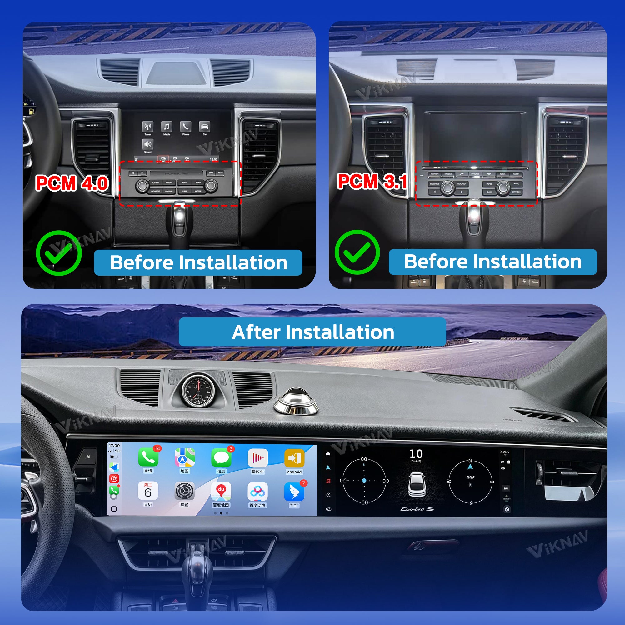 VIKNAV Dual 12.3 Inch Android Car Radio for Porsche Macan 2013 2014 2015 2016 2017 Auto Stereo Screen Upgrade Wireless Carplay GPS Navigation Multimedia Player Head Unit