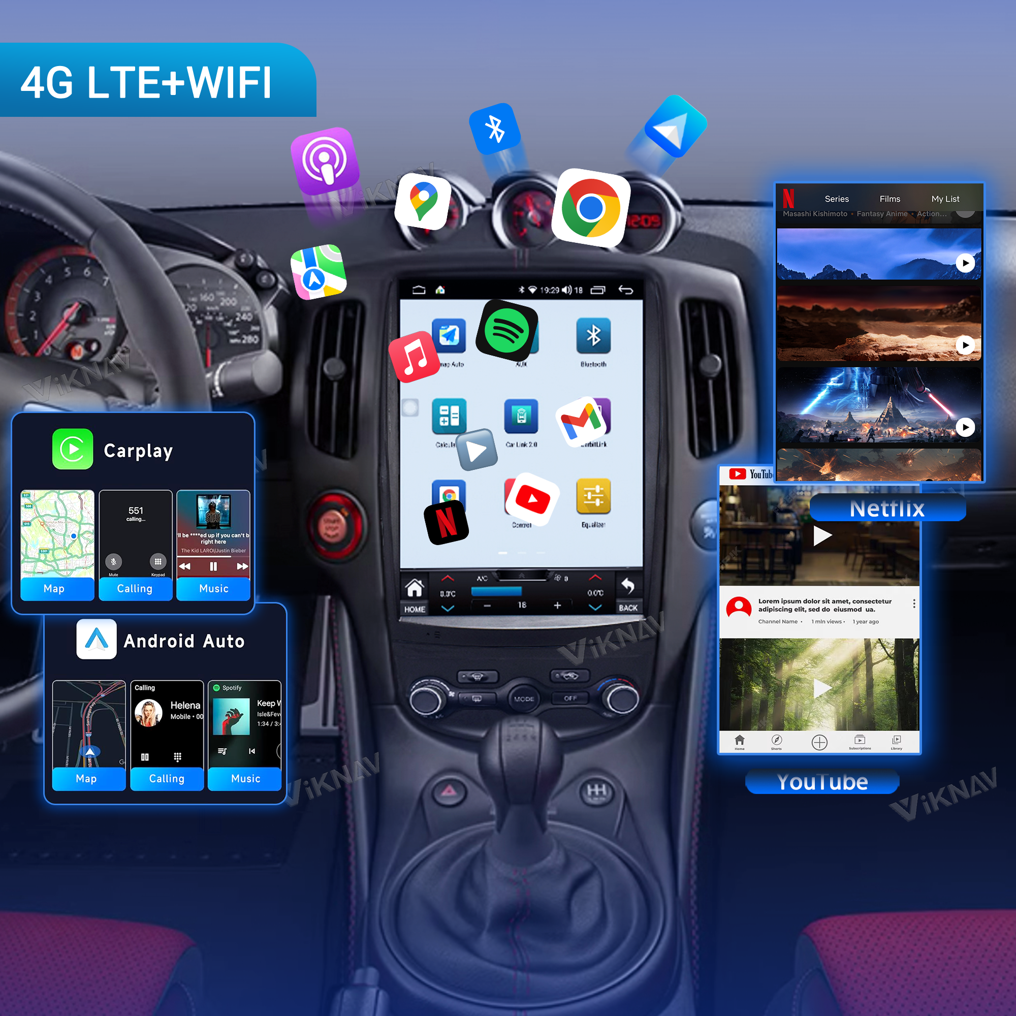 VIKNAV 12.1 Inch Android Car Radio for Nissan 370Z 2008-2018 Auto Stereo Screen Upgrade Wireless Carplay GPS Navigation Multimedia Player LHD and RHD Head Unit