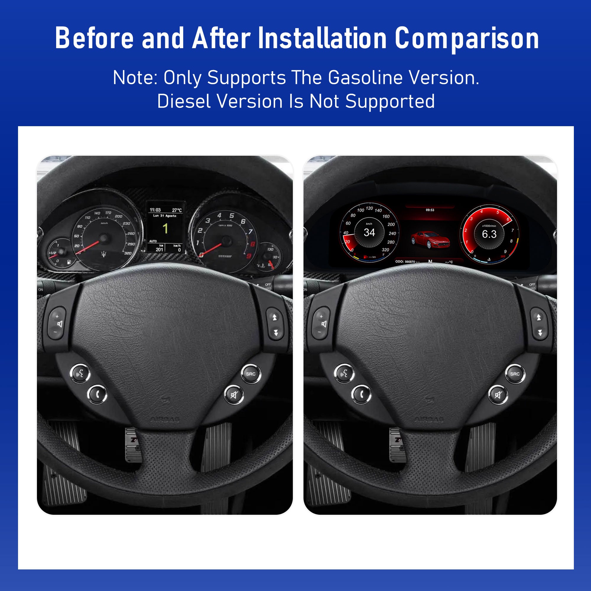 Viknav 12.3 Inch Digital Cluster Dashboard For Maserati GT GC GranTurismo 2007-2017 LCD Digital Instrument Full Screen Upgrade Automotive Replacement Speedometer Panel Gauges