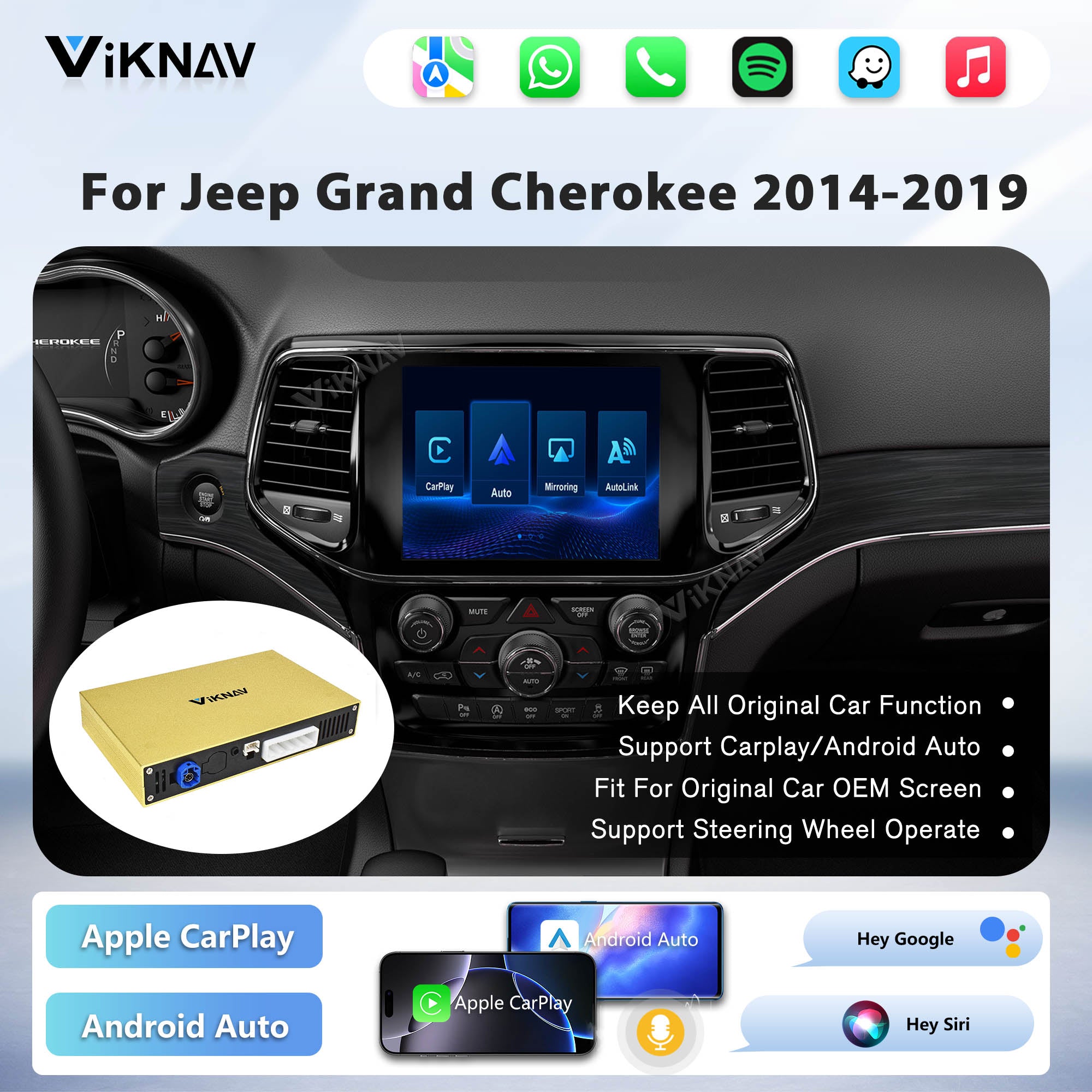 Viknav Linux System Wireless Carplay Android Auto Decoder Box for Jeep Grand Cherokee 2014-2019 Upgrade Interface Autolink Airplay Decoding Box