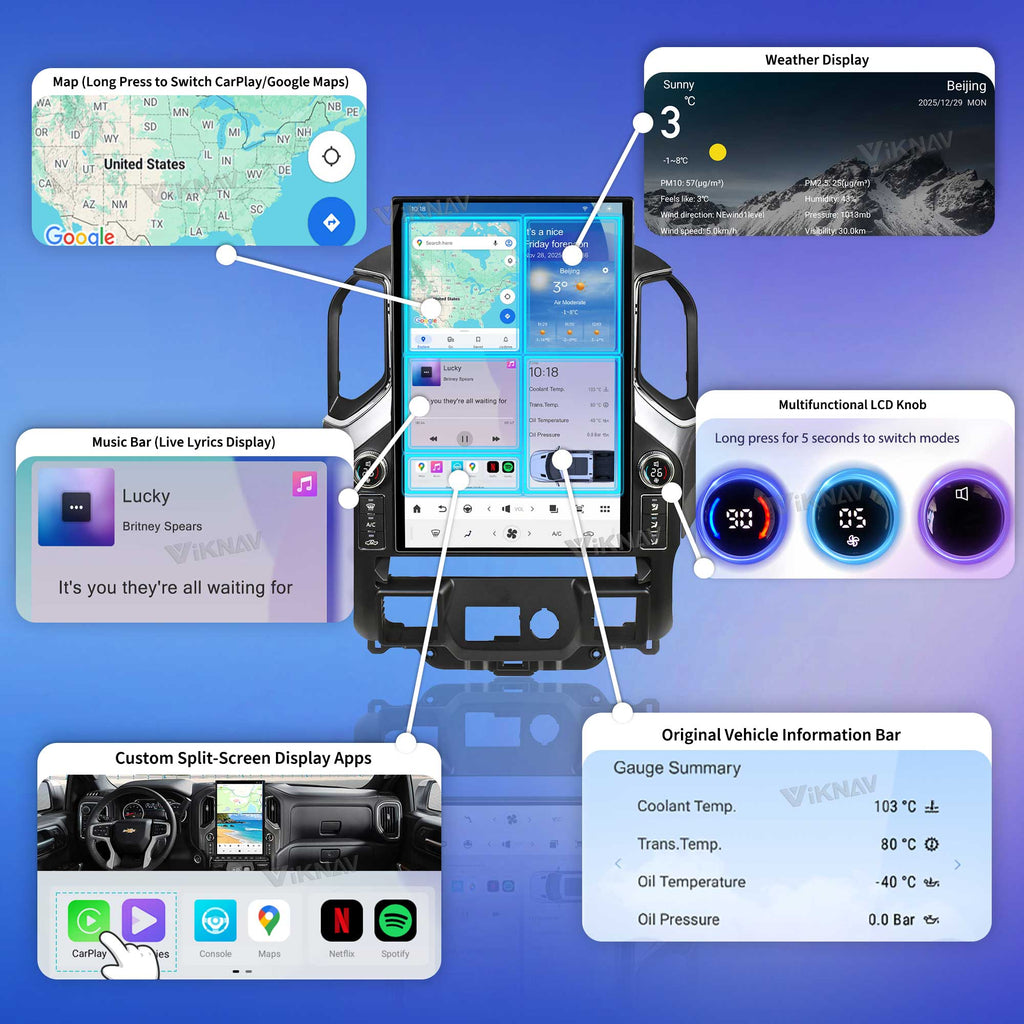VIKNAV 17.2 Inch Android 14 Car Radio For Chevrolet Silverado GMC SIERRA 1500 2019-2025 Wireless Carplay Auto Stereo Screen Upgrade