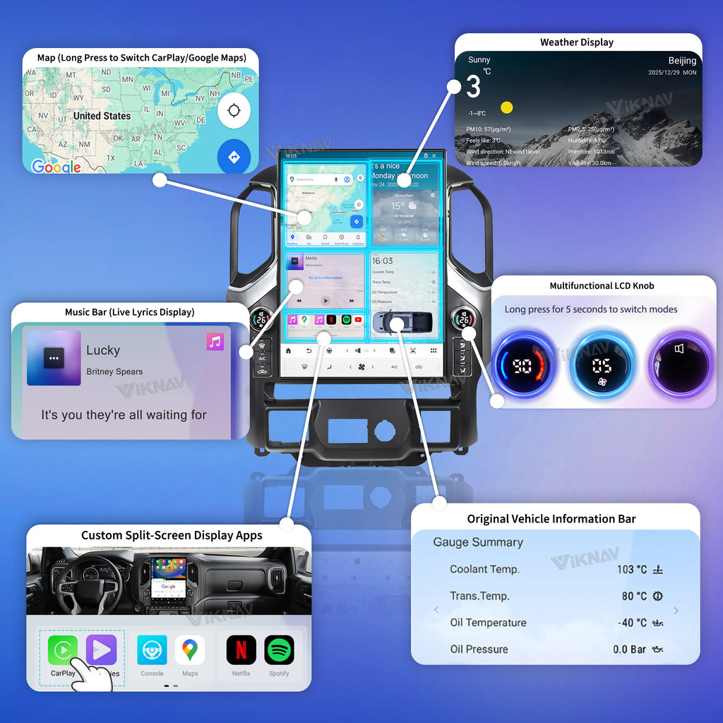 VIKNAV 15.6 Inch Android 14 Car Radio For Chevrolet Silverado GMC SIERRA 1500 2019-2025 Wireless Carplay Auto Stereo Screen Upgrade