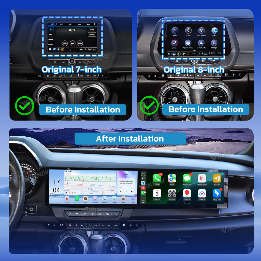 VIKNAV Dual 12.3 Inch Android Car Radio for Chevrolet Camaro 2020 2021 2022 2023 2024 2025  Auto Stereo Screen Upgrade Wireless Carplay GPS Navigation Multimedia Player Head Unit