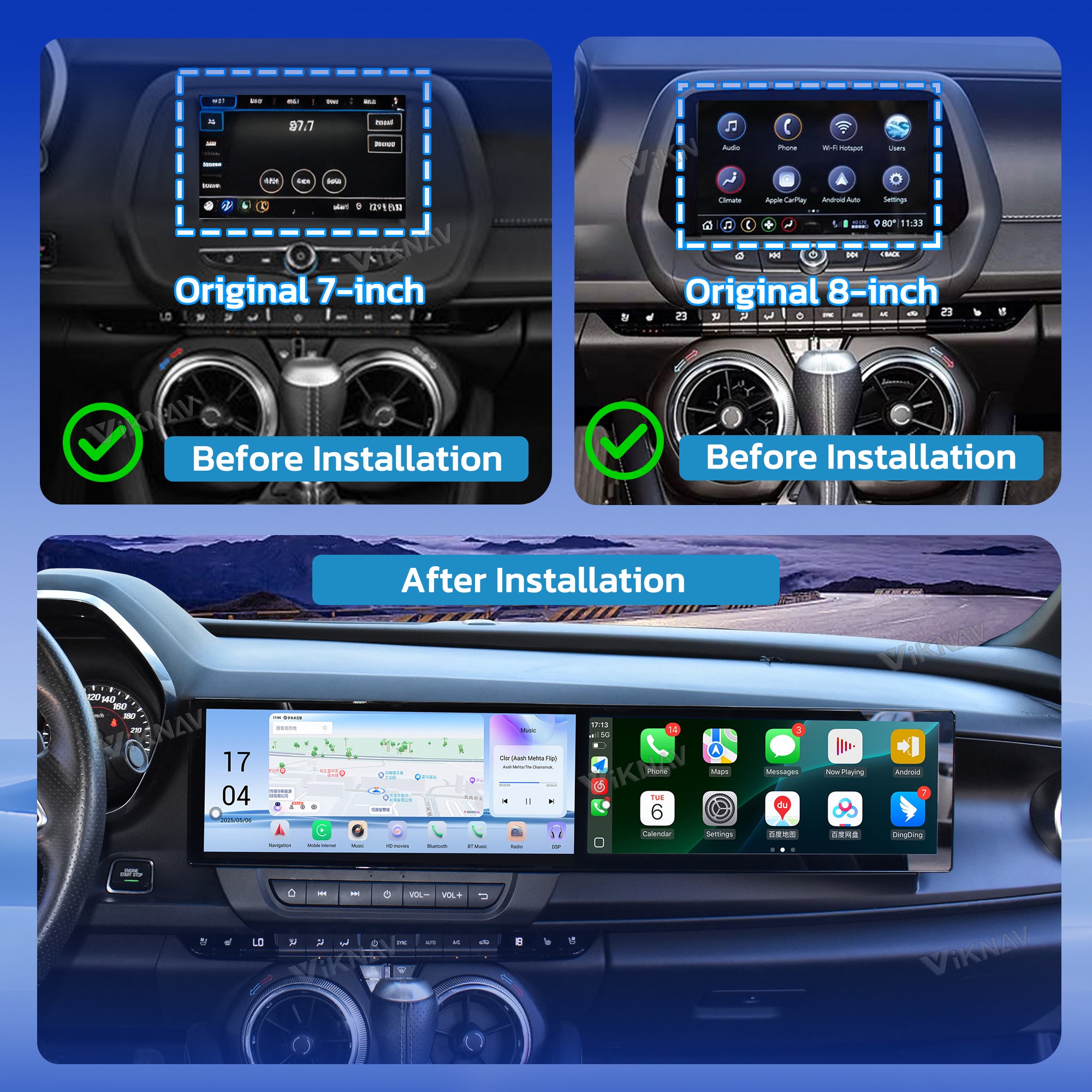 VIKNAV Dual 12.3 Inch Android Car Radio for Chevrolet Camaro 2020 2021 2022 2023 2024 2025  Auto Stereo Screen Upgrade Wireless Carplay GPS Navigation Multimedia Player Head Unit
