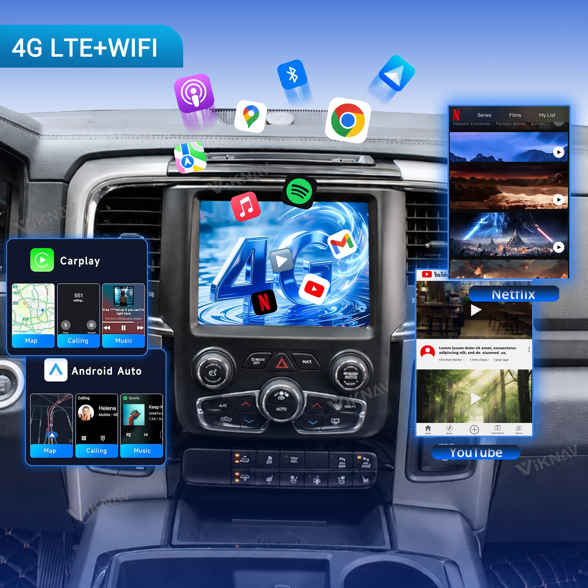 VIKNAV Wireless CarPlay Android Auto Decoder Linux Interface Box Upgrade for Dodge Ram 2013-2018