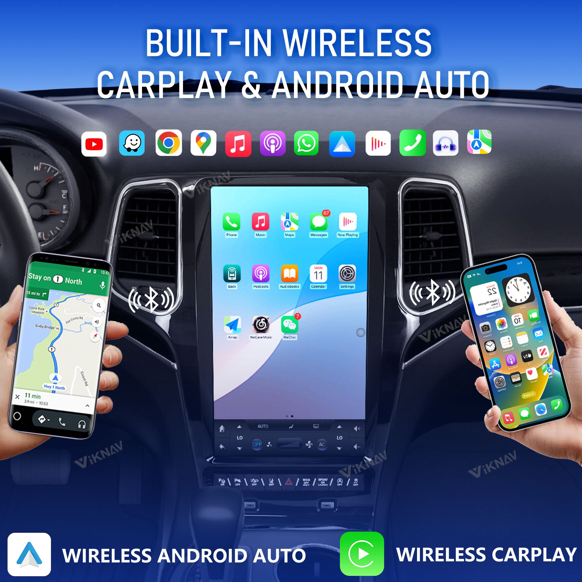VIKNAV 13.6 Inch Android Car Radio for Jeep Grand Cherokee 2011-2022 Auto Stereo Screen Upgrade Wireless Carplay GPS Navigation Multimedia Player Head Unit