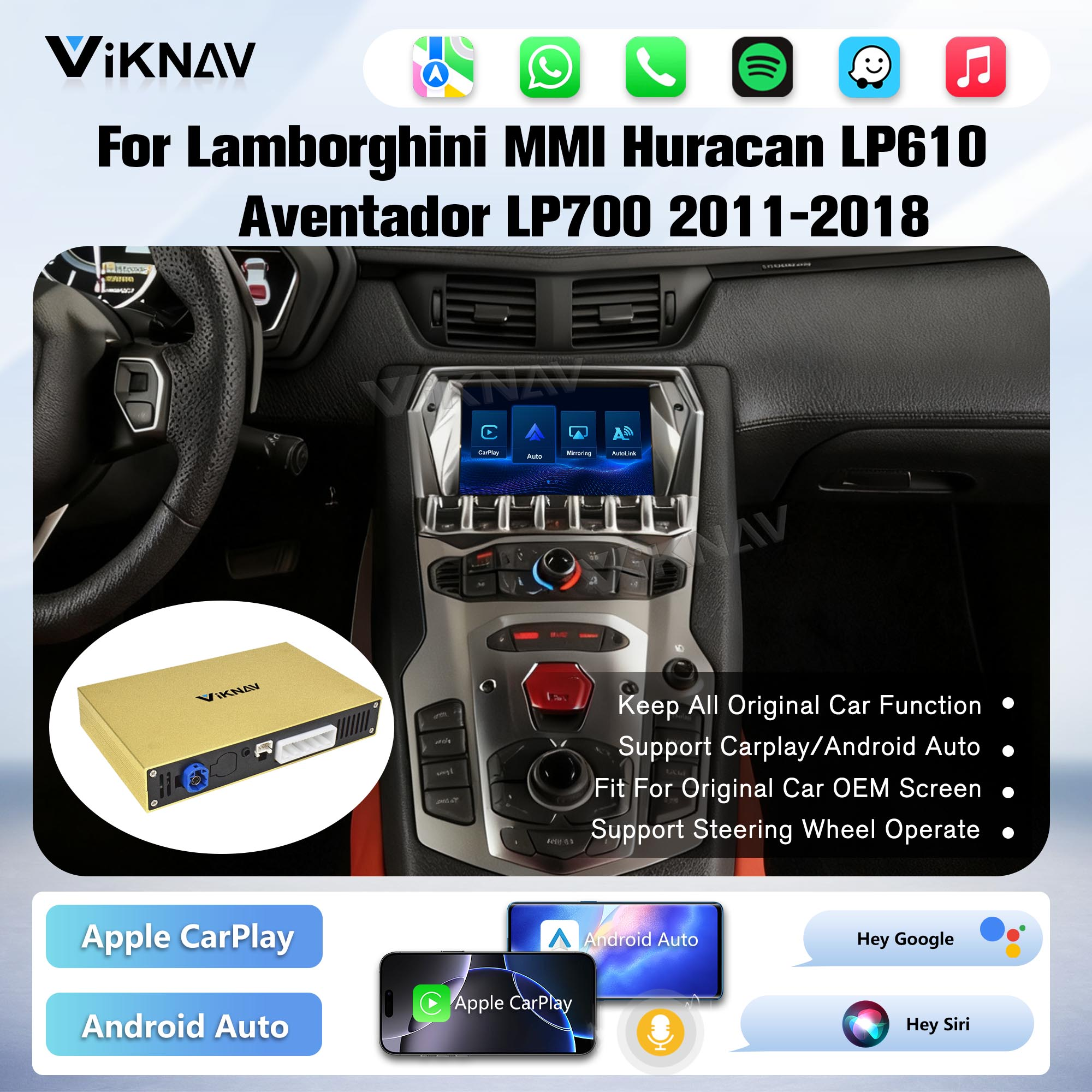 Viknav Linux System Decoder Box for Lamborghini Huracán Aventador 2011-2018 Vantage Upgrade Interface Wireless Carplay Android Auto Decoding Box Autolink Airplay