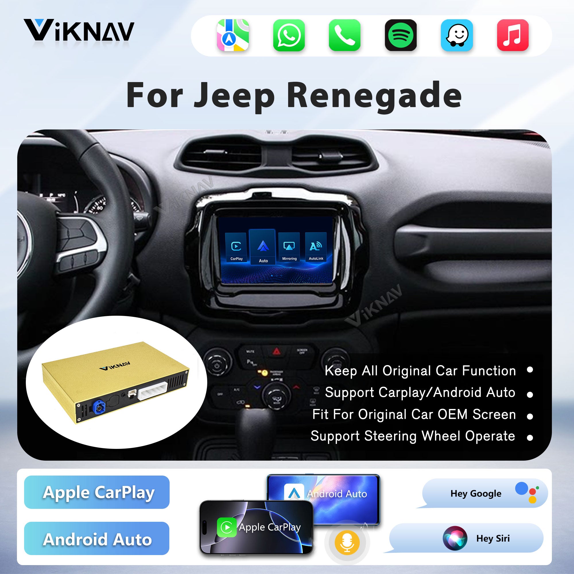Viknav Linux System Wireless Carplay Android Auto Decoder Box for Jeep Renegade Upgrade Interface Autolink Airplay Decoding Box