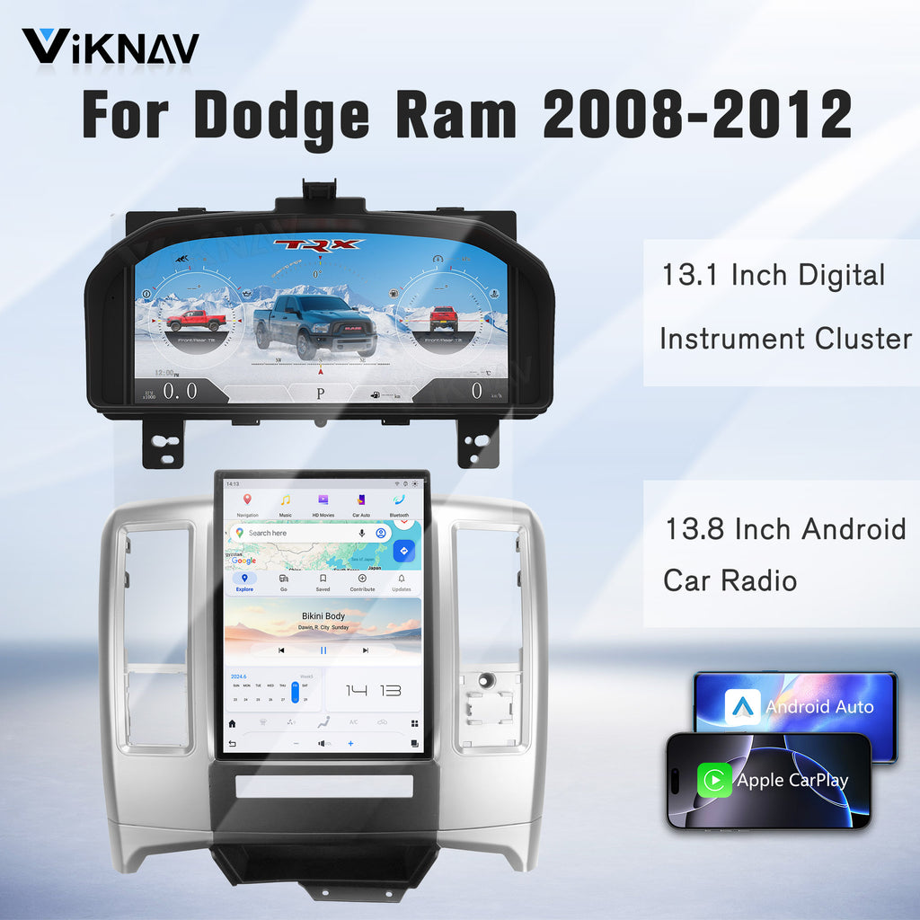 Viknav 13.8 inch Touch Screen Android Car Radio For Dodge RAM 2008- 2012 Wireless Carplay GPS Navigation With 13.1 Inch Car Speedometer