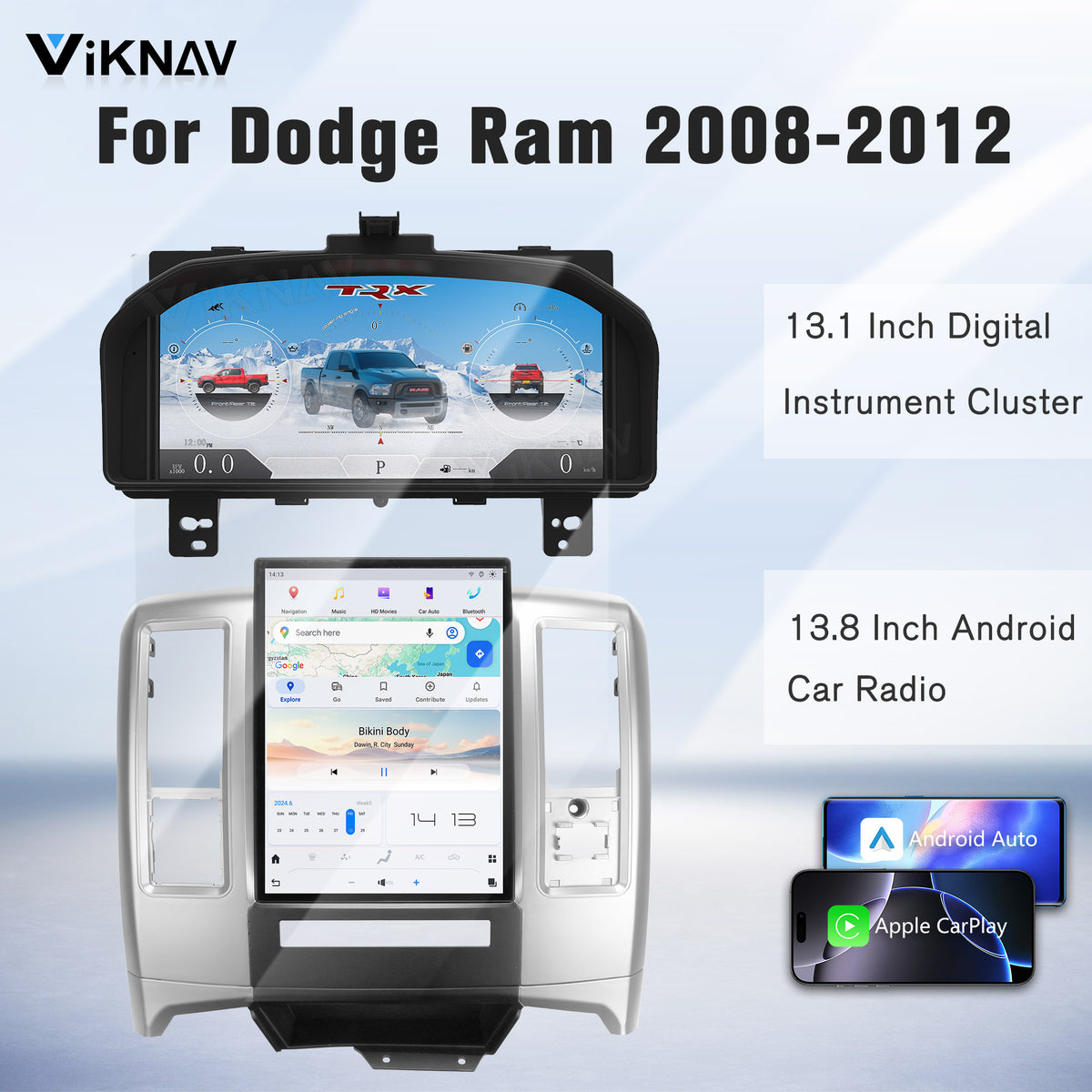 Viknav 13.8 inch Touch Screen Android Car Radio For Dodge RAM 2008- 2012 Wireless Carplay GPS Navigation With 13.1 Inch Car Speedometer