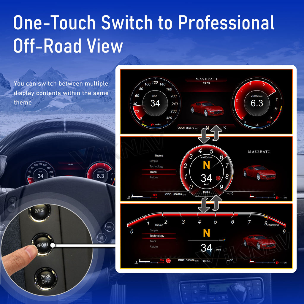 Viknav 12.3 Inch Digital Cluster Dashboard For Maserati GT GC GranTurismo 2007-2017 LCD Digital Instrument Full Screen Upgrade Automotive Replacement Speedometer Panel Gauges