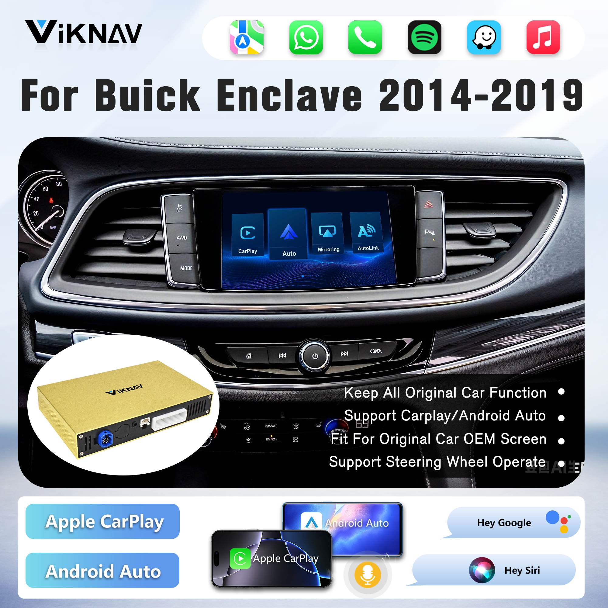 Viknav Linux System Decoder Box For Buick Enclave 2014-2019 OEM Harman System Upgrade Interface Wireless Carplay Android Auto Decoder Box Autolink Airplay