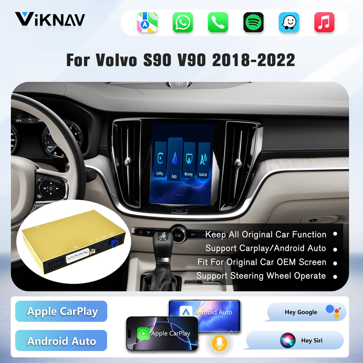 Viknav Linux Box for Volvo S90 V90 2018-2022 Built-in GPS Remote Control Wireless Apple CarPlay Android Auto