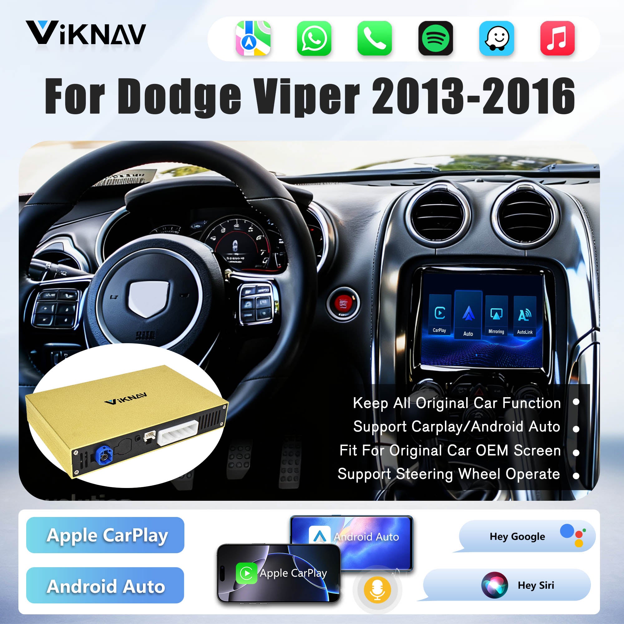 Viknav Linux System Decoder Box For Dodge Viper 2013-2016 OEM Harman System Upgrade Interface Wireless Carplay Android Auto Decoder Box Autolink Airplay（副本）