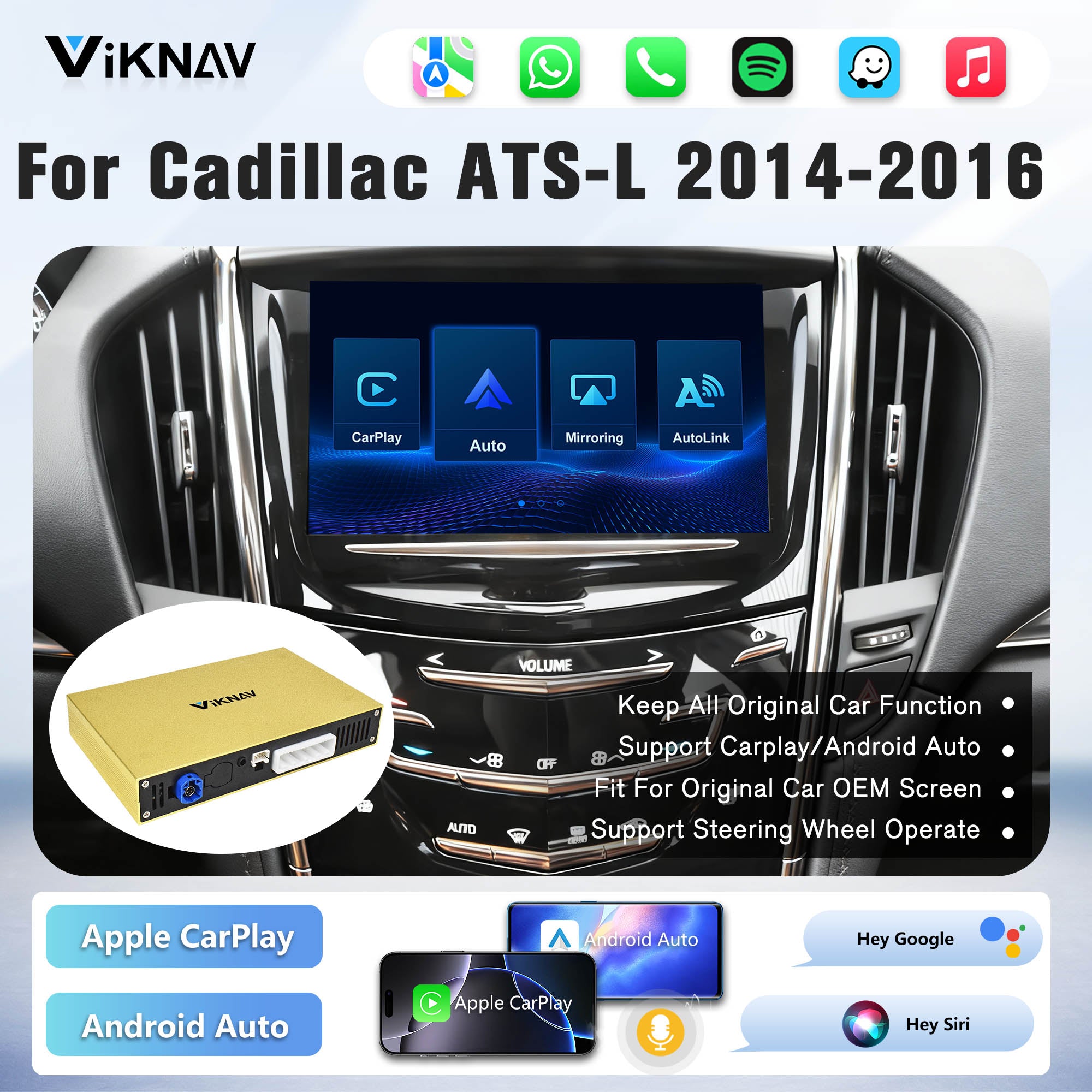 Viknav Linux System Decoder Box For Cadillac ATS-L 2014-2016 OEM Harman System Upgrade Interface Wireless Carplay Android Auto Decoder Box Autolink Airplay