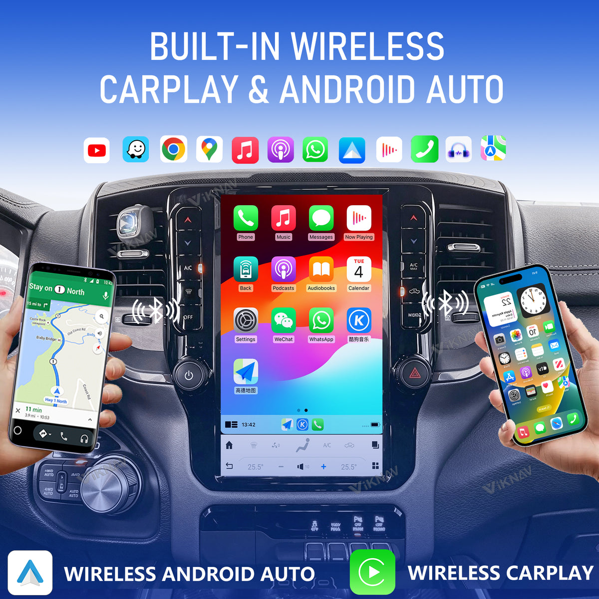 VIKNAV 12.3 Inch Android Car Radio For Dodge Ram 2019-2024 Auto Stereo Screen Upgrade