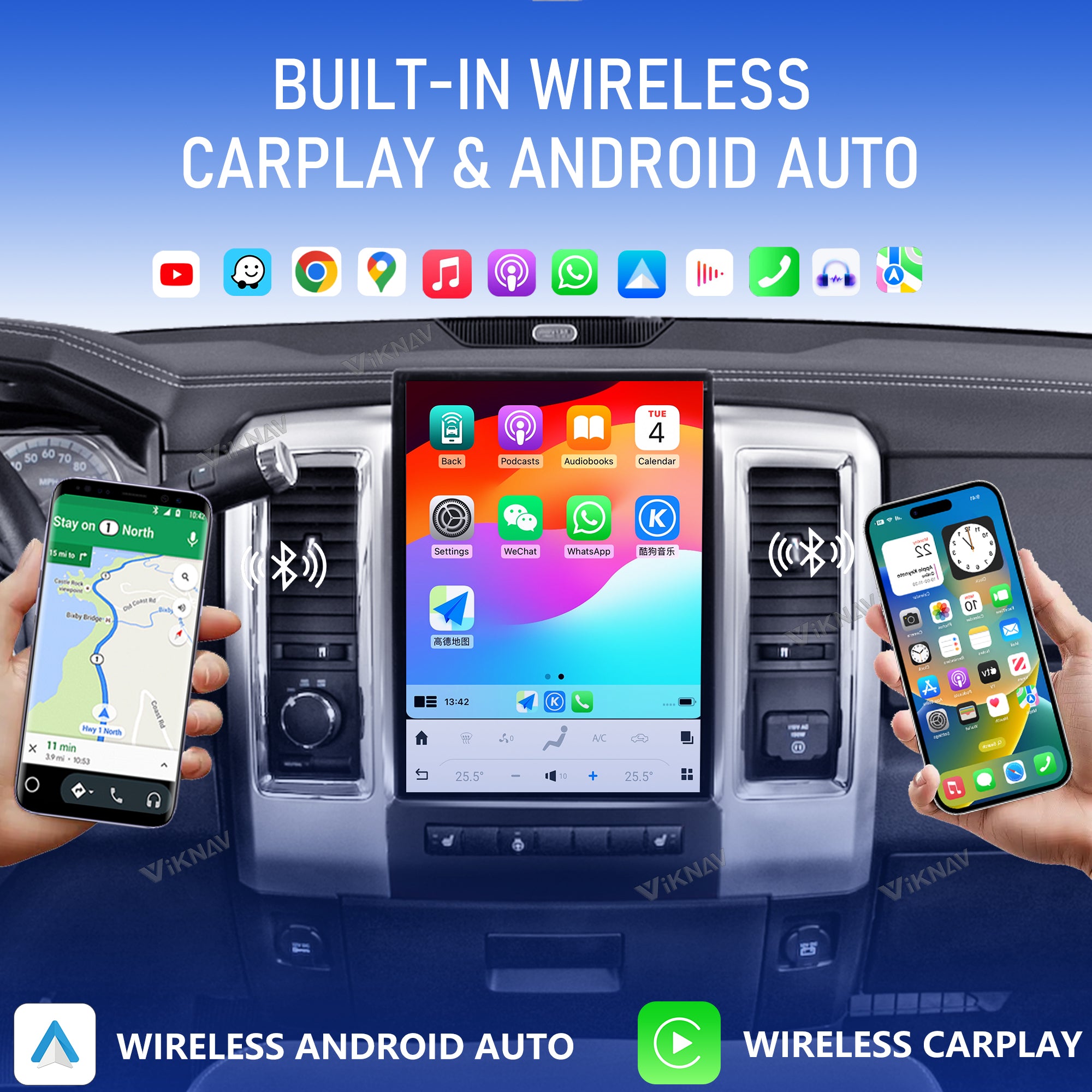 VIKNAV 13.8 Inch Android Car Radio For Dodge Ram 2008-2012 Auto Stereo Screen Upgrade