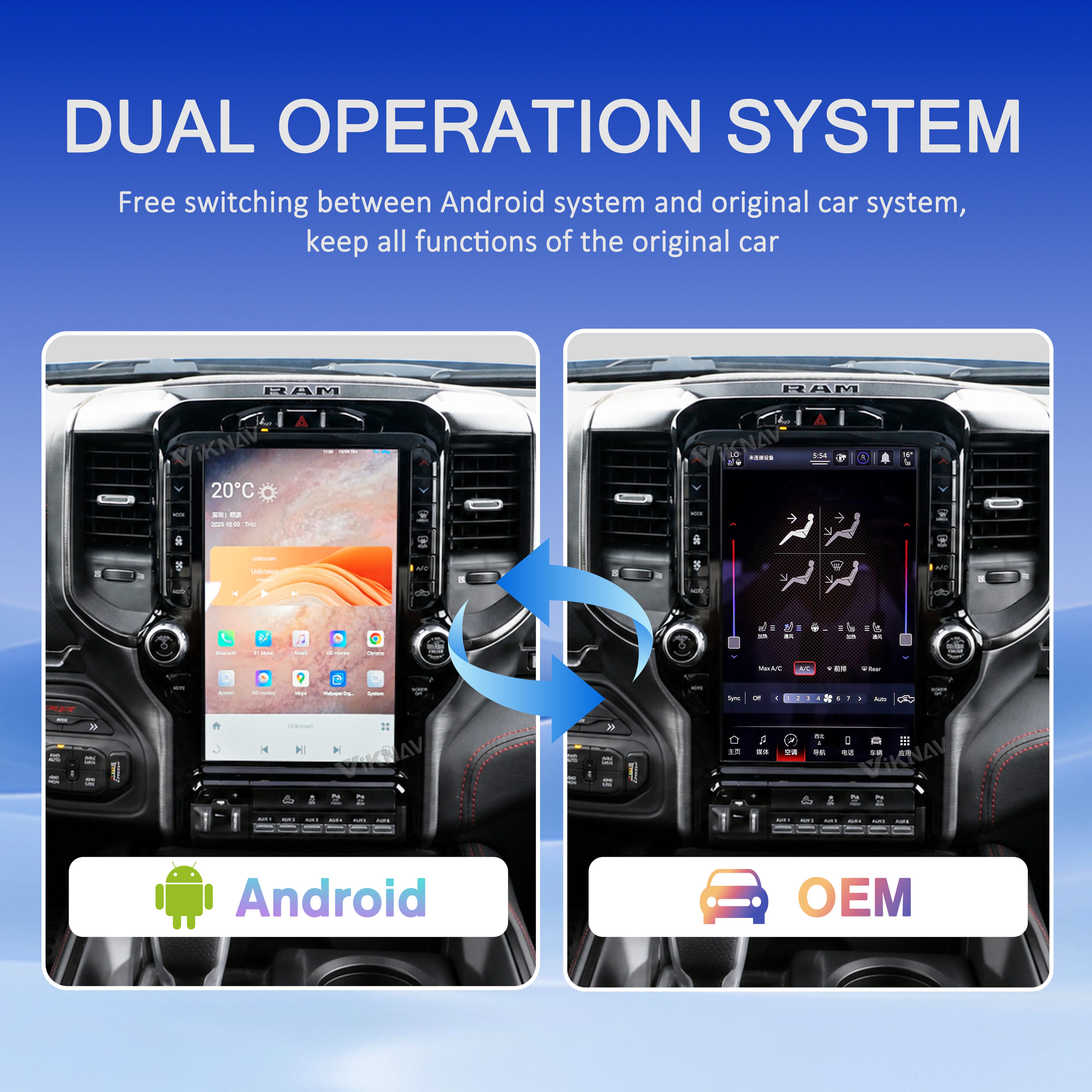 VIKNAV Android Carplay Decoder Box for Dodge ram 2019-2023 GPS Navigation Multimedia player Auto Stereo Only Support OEM 12.1 Inch Screen