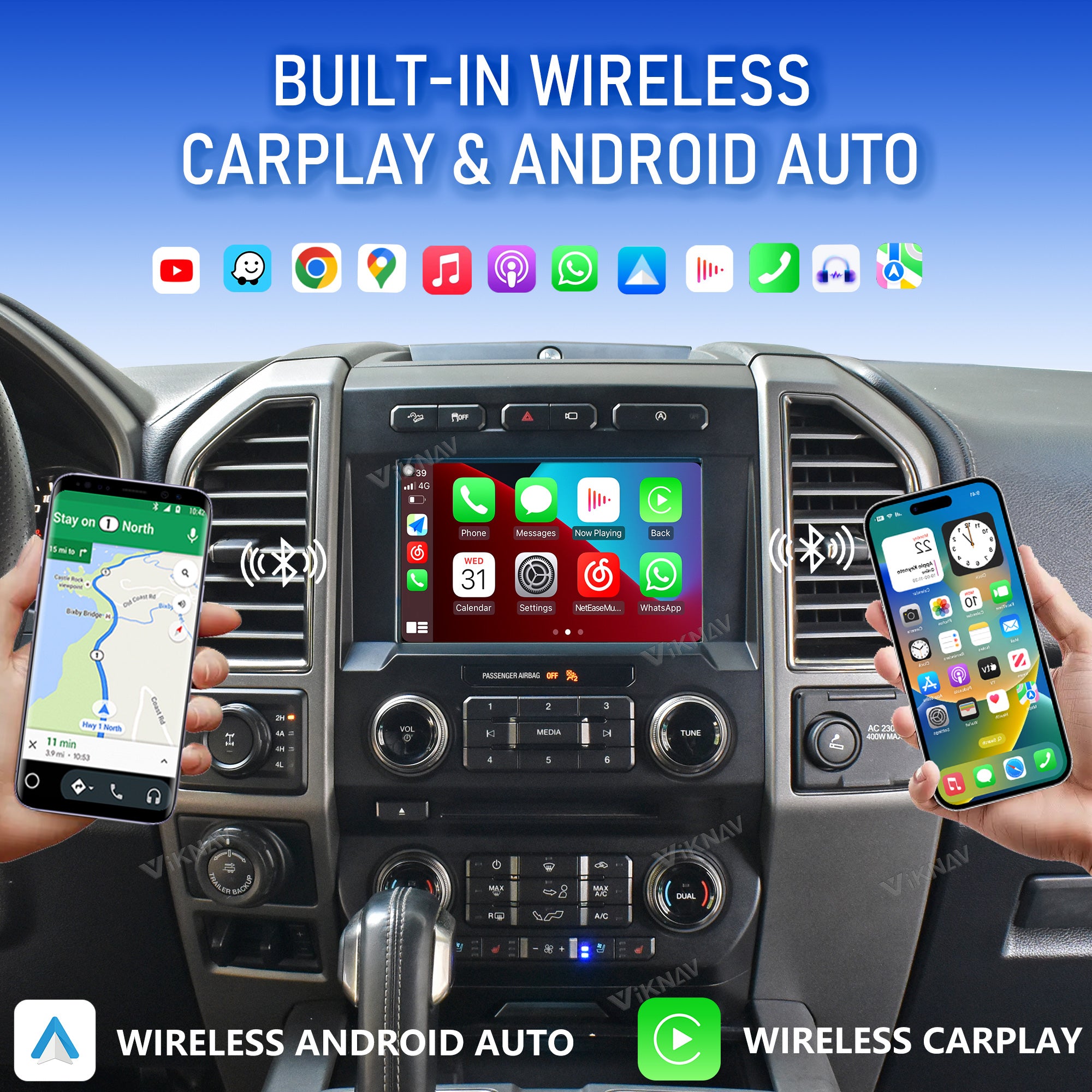 VIKNAV Android Carplay Decoder Box For Ford F150 F250 F350 F450 Raptor SYNC2 SYNC3 GPS Navigation Multimedia player Auto Stereo Only Support OEM 8 Inch Screen