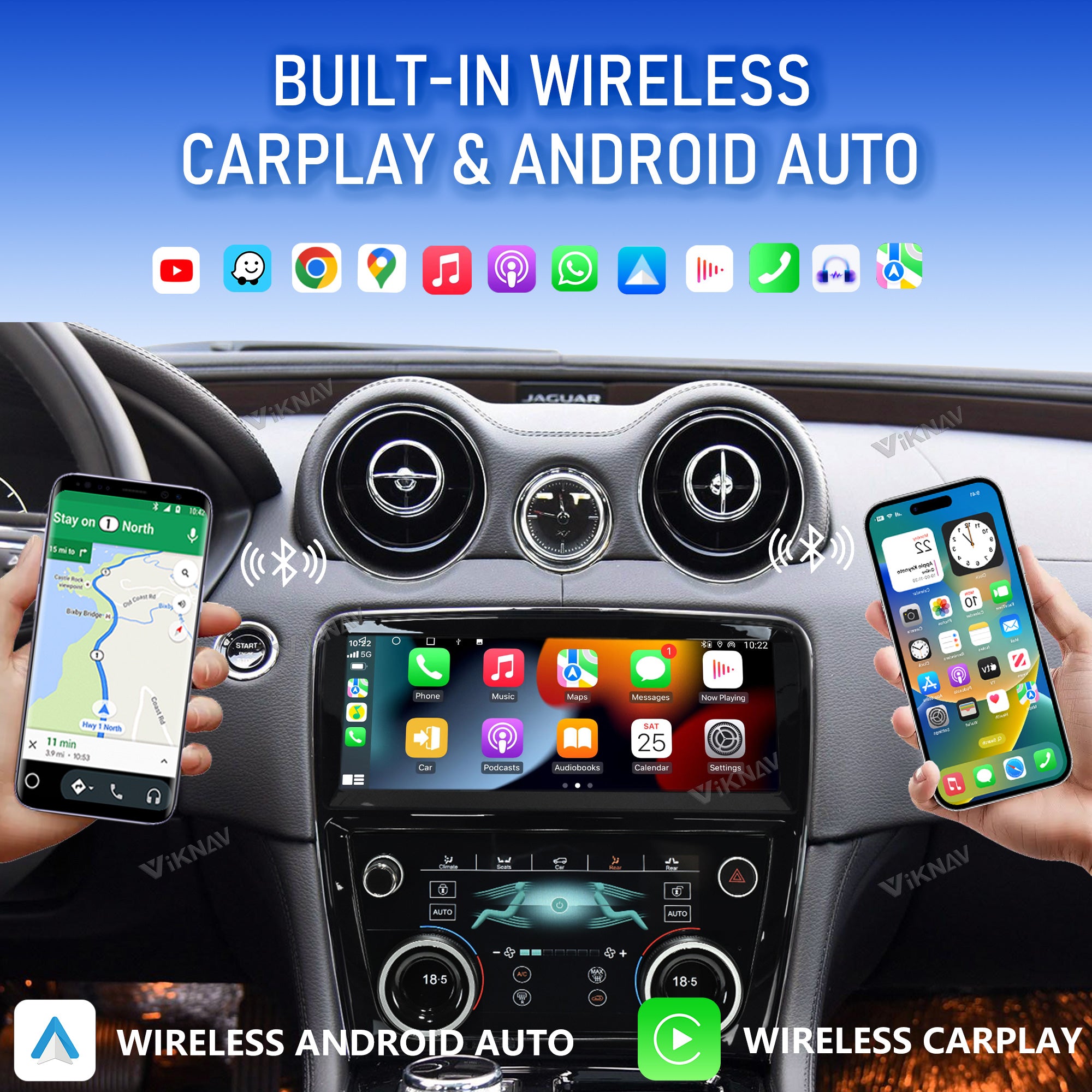 VIKNAV 10.25 Inch Android Car Radio AC panel for Jaguar XJ XJL XJR 2010-2019 Auto Stereo Screen Upgrade Wireless Carplay GPS Navigation Multimedia Player
