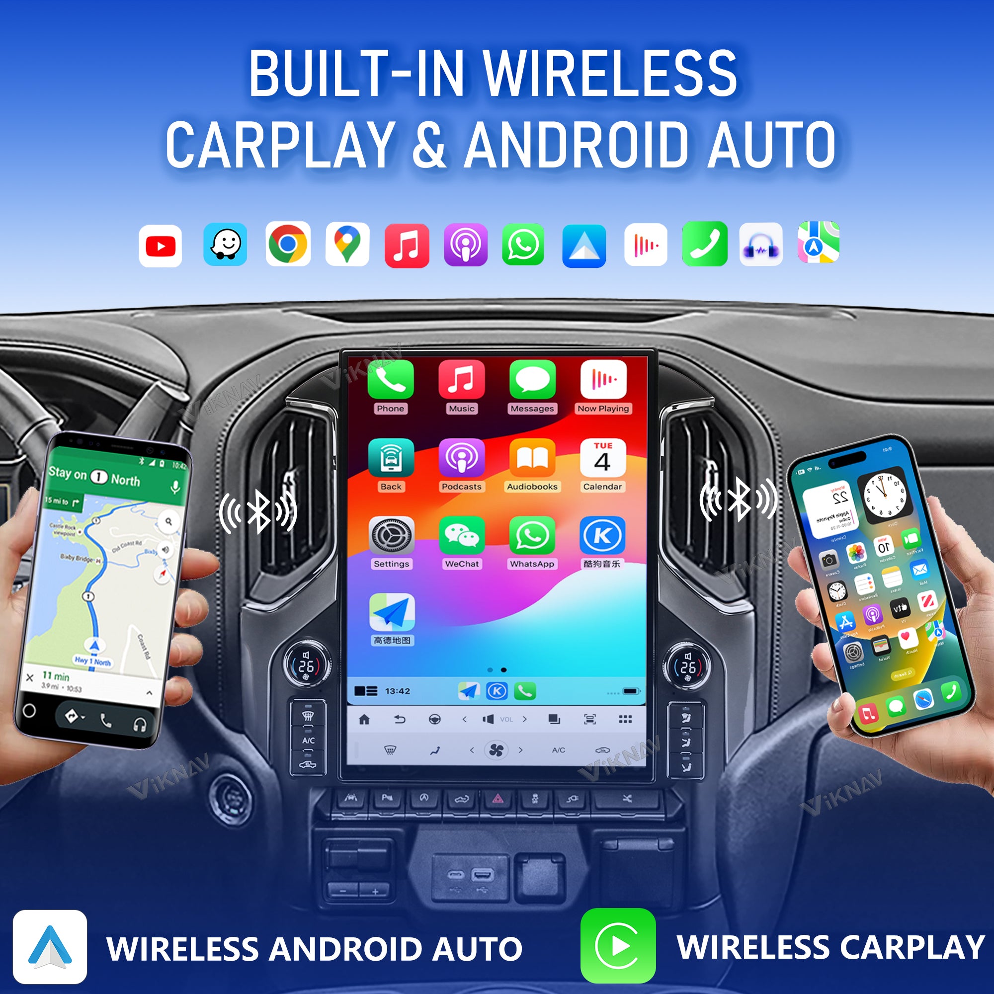 VIKNAV 15.6 Inch Android 14 Car Radio For Chevrolet Silverado GMC SIERRA 1500 2019-2025 Wireless Carplay Auto Stereo Screen Upgrade