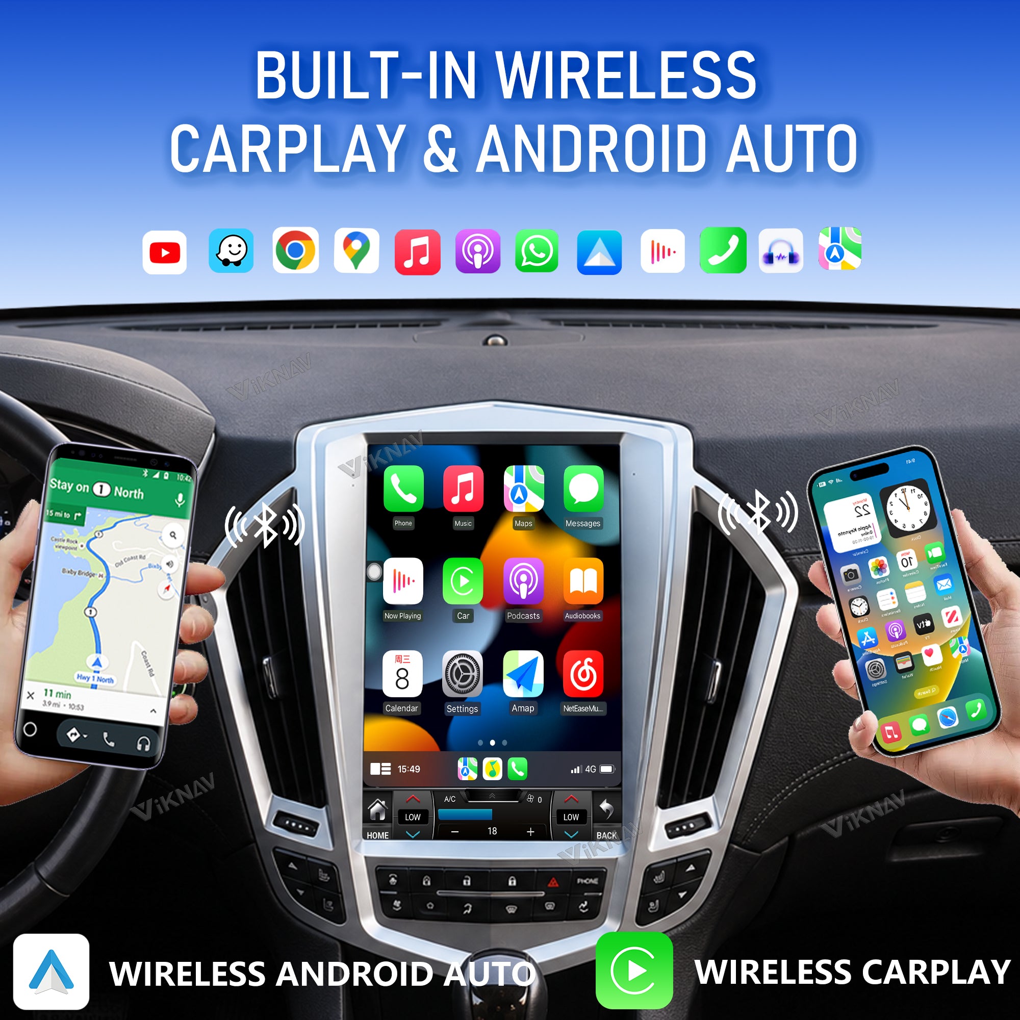 VIKNAV 12.1 Inch Android Car Radio For Cadillac ATS CTS SRX Escalade 2008-2013 Auto Stereo Screen Upgrade Wireless Carplay GPS Navigation Multimedia Player