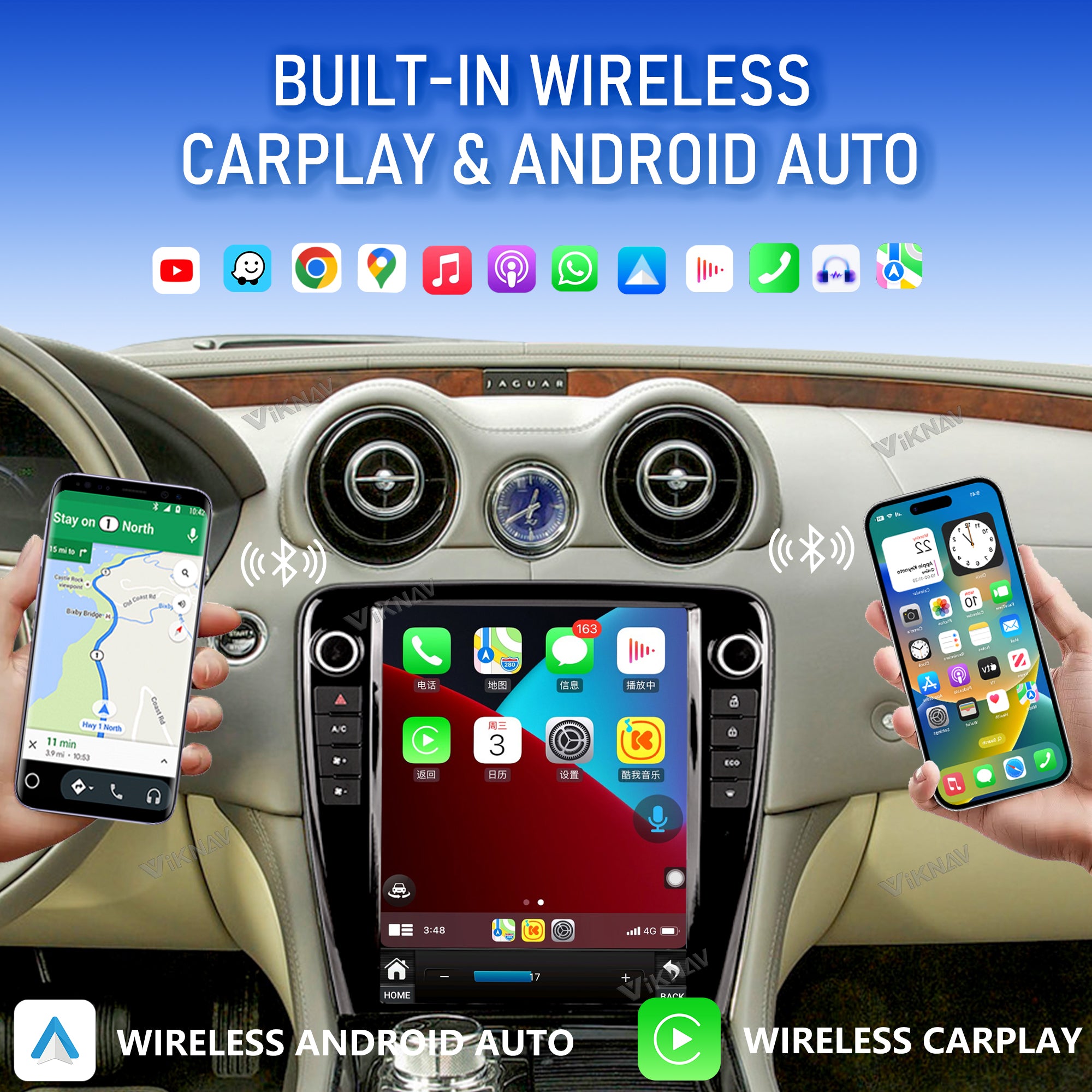 VIKNAV 12.1 Inch Android Car Radio for Jaguar XJ XJL XJR 2010-2019 Auto Stereo Screen Upgrade Wireless Carplay GPS Navigation Multimedia Player