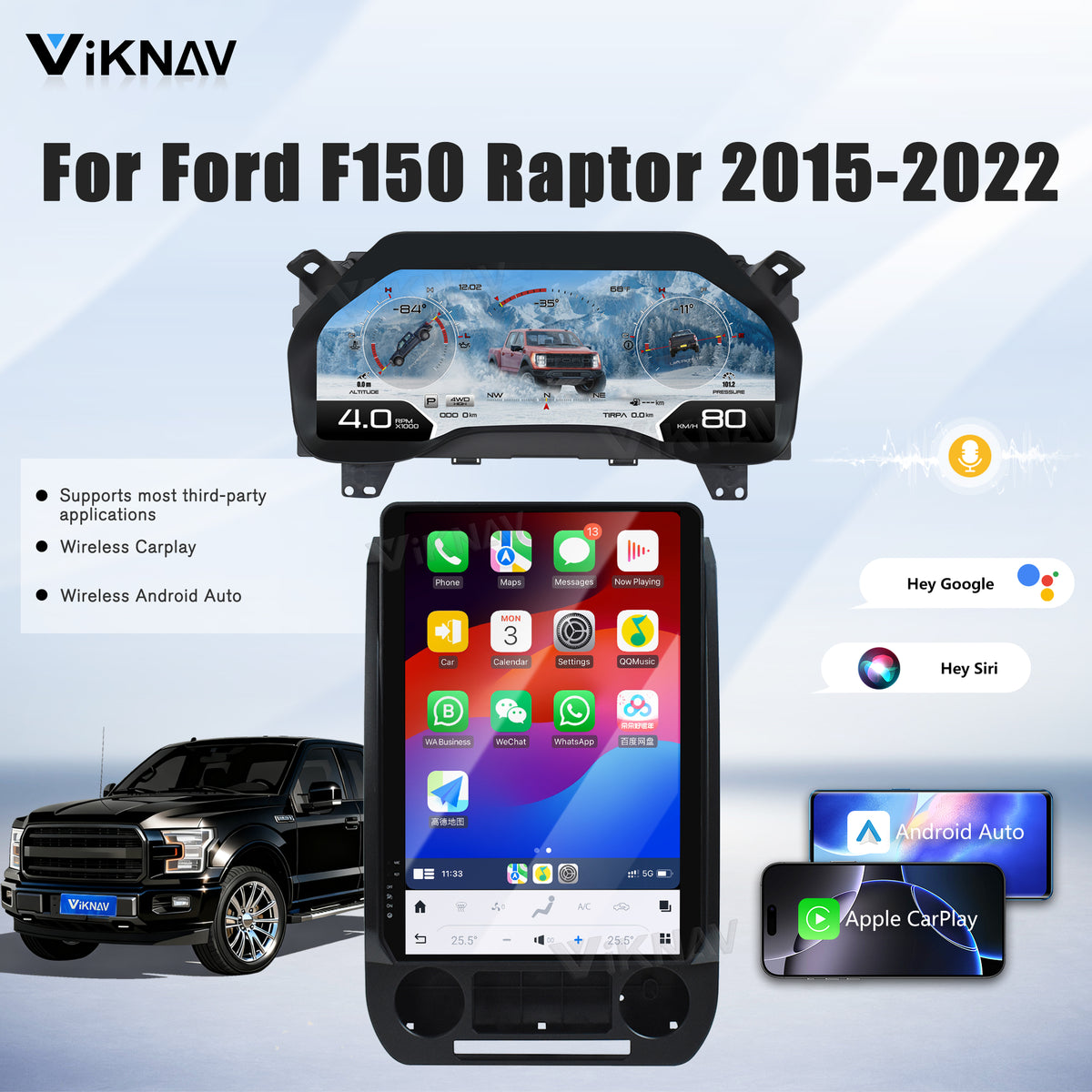 Viknav 14.4 Inch Car Radio Android and Digital Cluster Dashboard Panel Speedometer For Ford F150 Raptor 2015-2022 Stereo Wireless Carplay Android Auto Touch Screen GPS Navigation Multimedia Player
