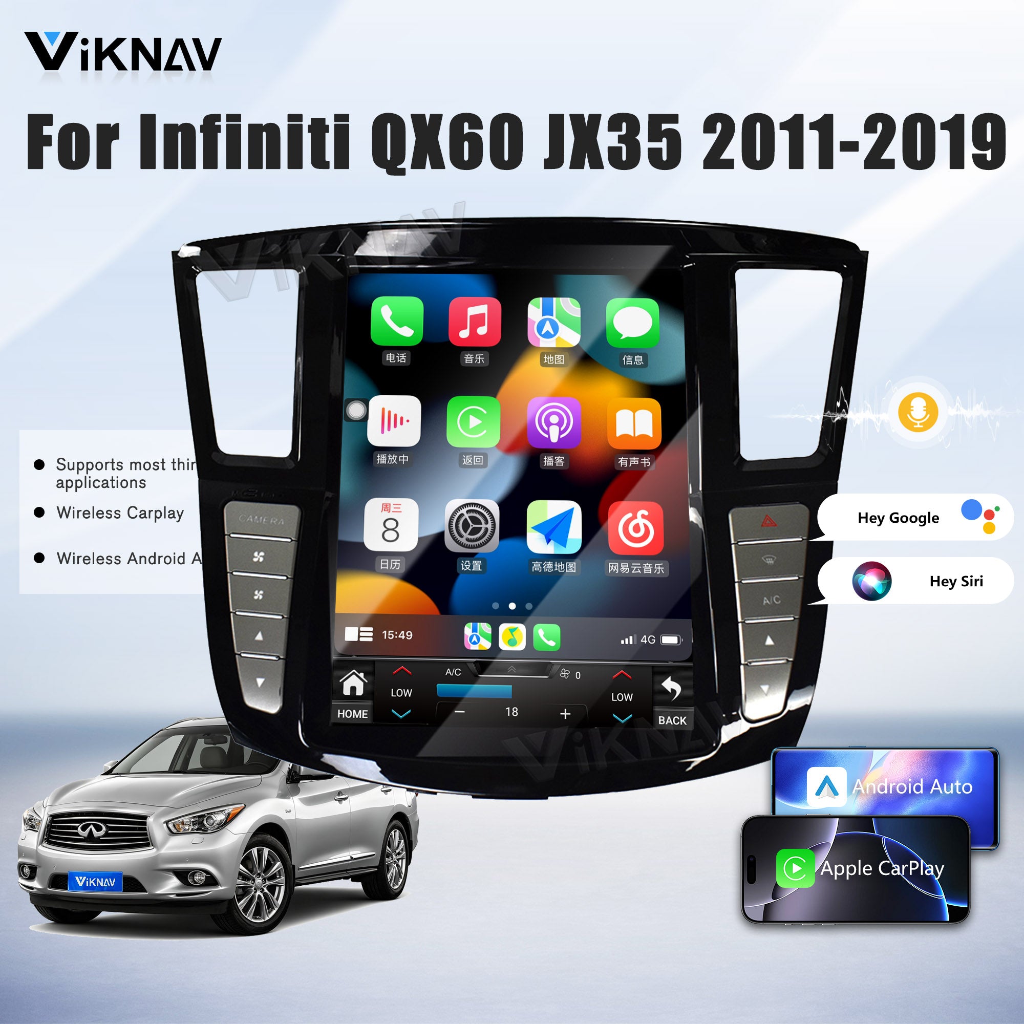 Viknav 12.1 inch Android Car Stereo For Infiniti QX60 JX35 2011-2020 Wireless CarPlay & Android Auto GPS Navigation Head Unit