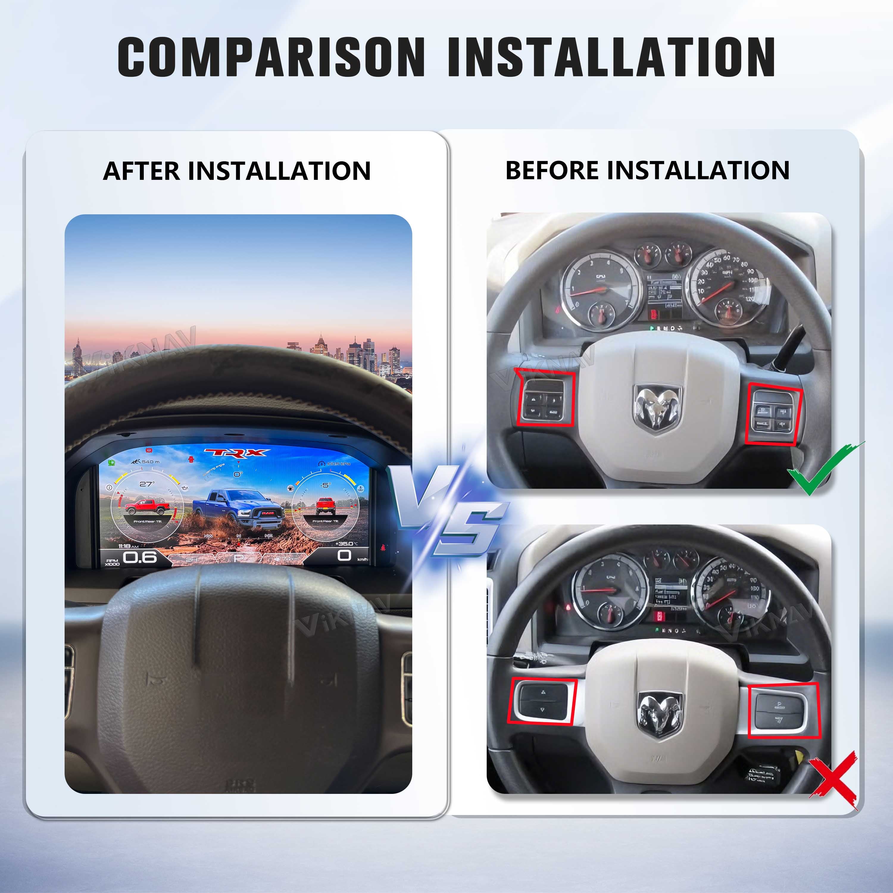 Viknav 13.8 inch Touch Screen Android Car Radio For Dodge RAM 2008- 2012 Wireless Carplay GPS Navigation With 13.1 Inch Car Speedometer