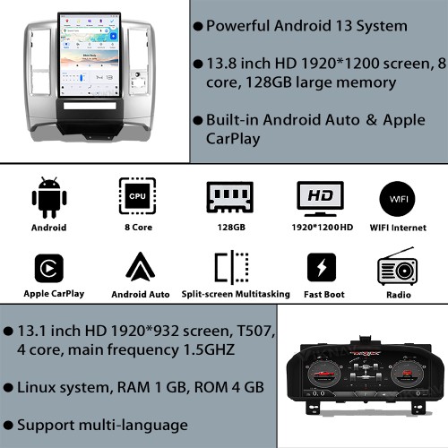 Viknav 13.8 inch Car Radio For Dodge RAM 2008-2012 Wireless Carplay Android 13 Touch Screen with Digital Instrument Cluster